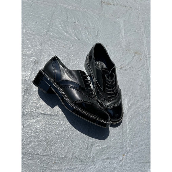 CHANEL Shoes - Chanel Black Leather Patent Chain Trim Wingtip Oxford Shoes womens 38.5